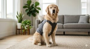 Calm dog during thunderstorm