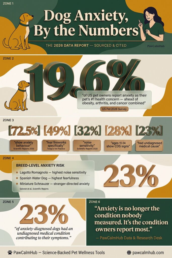 nfographic: 2026 dog anxiety statistics including 19.6% of pet owners reporting anxiety as top health concern, 72.5% prevalence data, breed risk rankings, and the 23% diagnostic gap