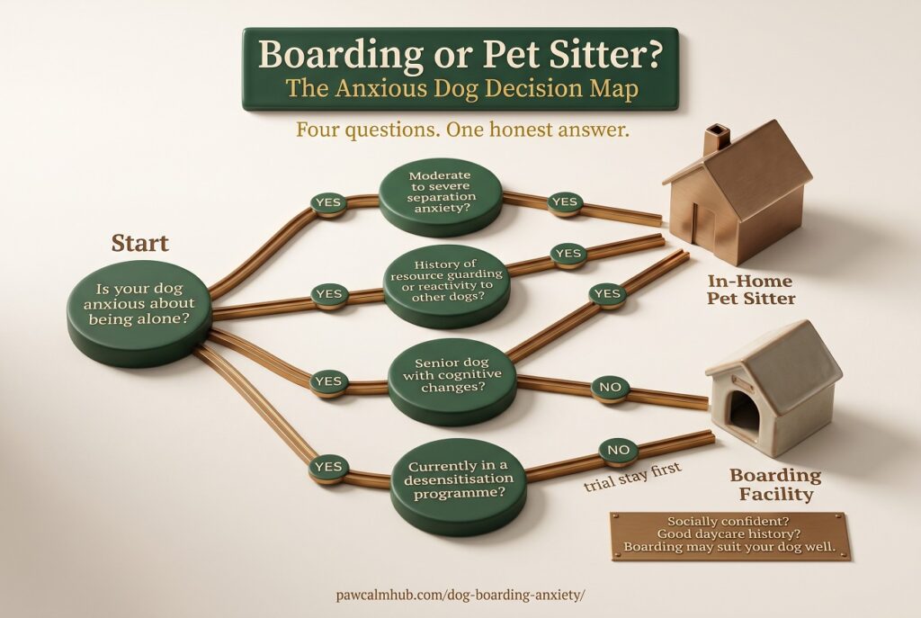 Flowchart: four questions to decide whether an anxious dog should use a boarding facility or an in-home pet sitter - dog boarding and kennel anxiety
