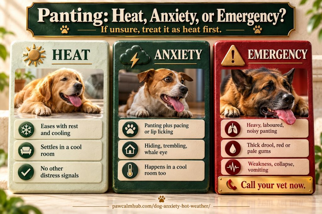 Three-column guide comparing dog panting from heat, from anxiety, and from heatstroke, with the emergency signs highlighted